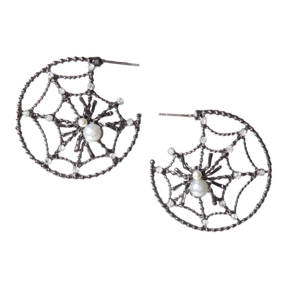 Faux Pearl & Black Spiderweb Earrings